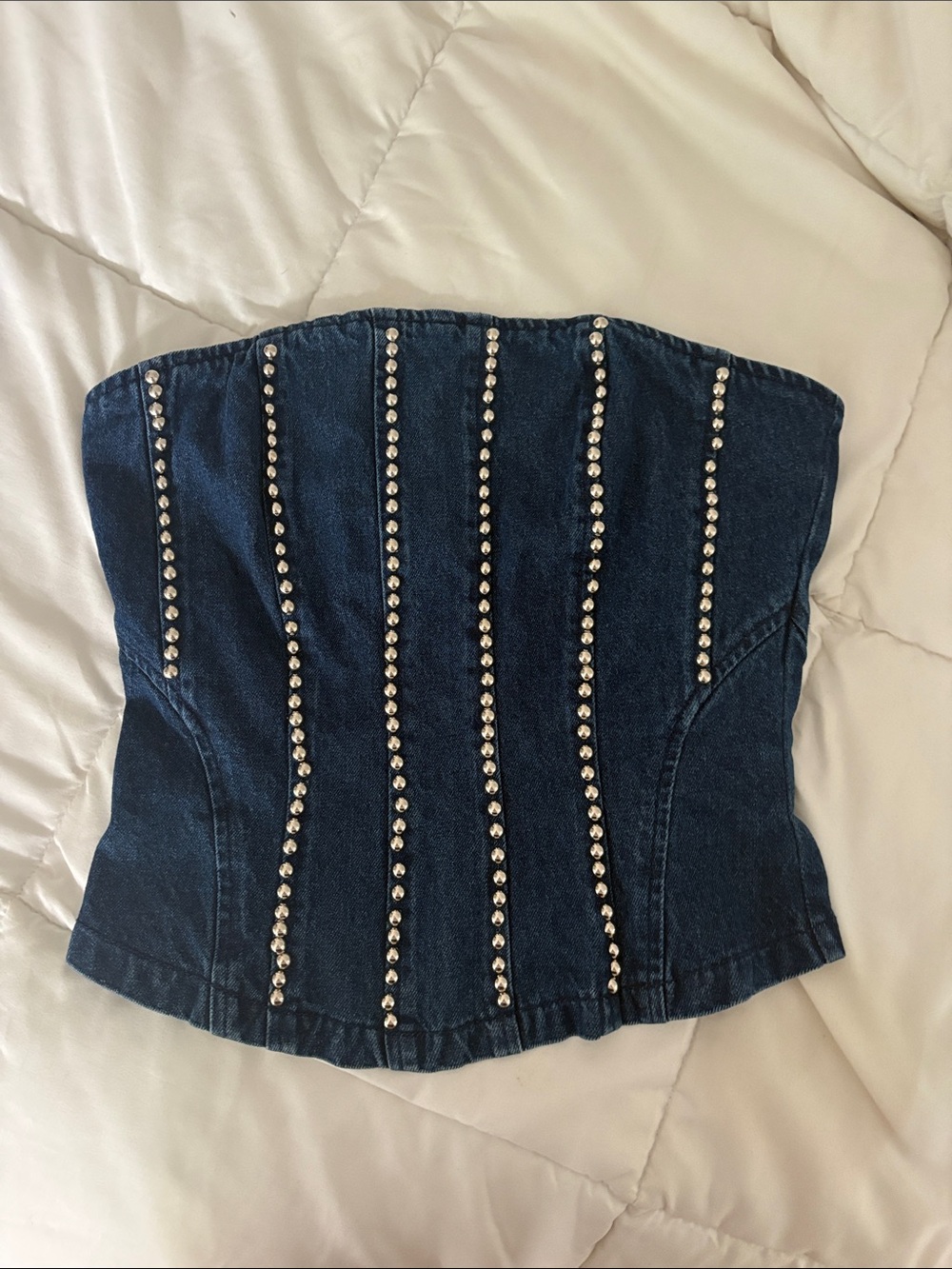 Cherry Mellow Denim Corset Top with Rhinestone Stripes